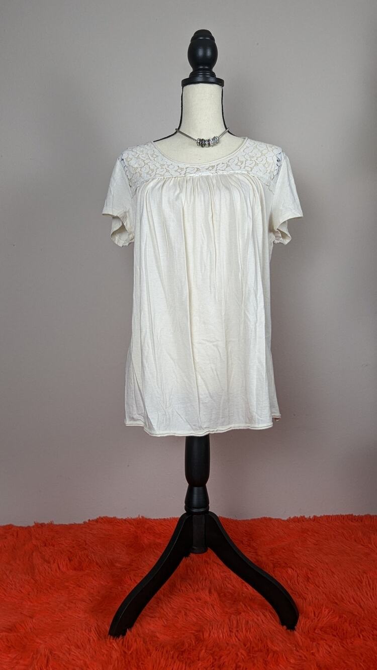 DUO Maternity White Cream Cotton Short Sleeve Lace Scoop Neck Shirt Blouse L